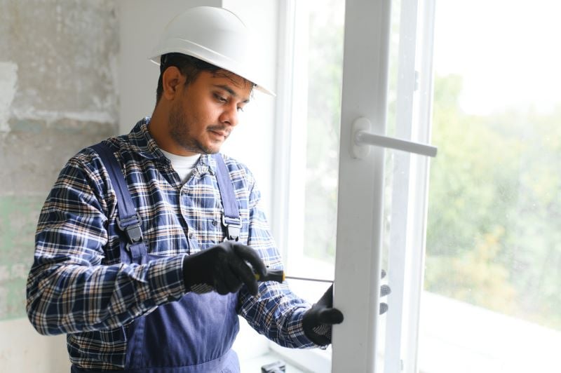 indian workman in overalls installing window