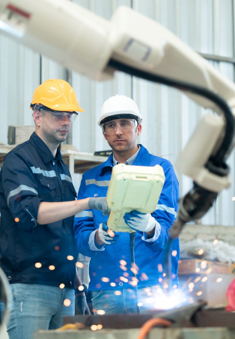engineers are manipulating with a welding robot