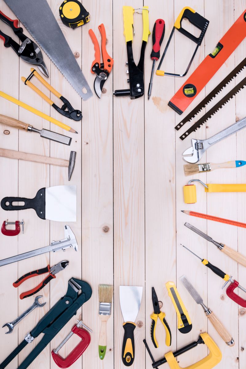top view of set of construction tools