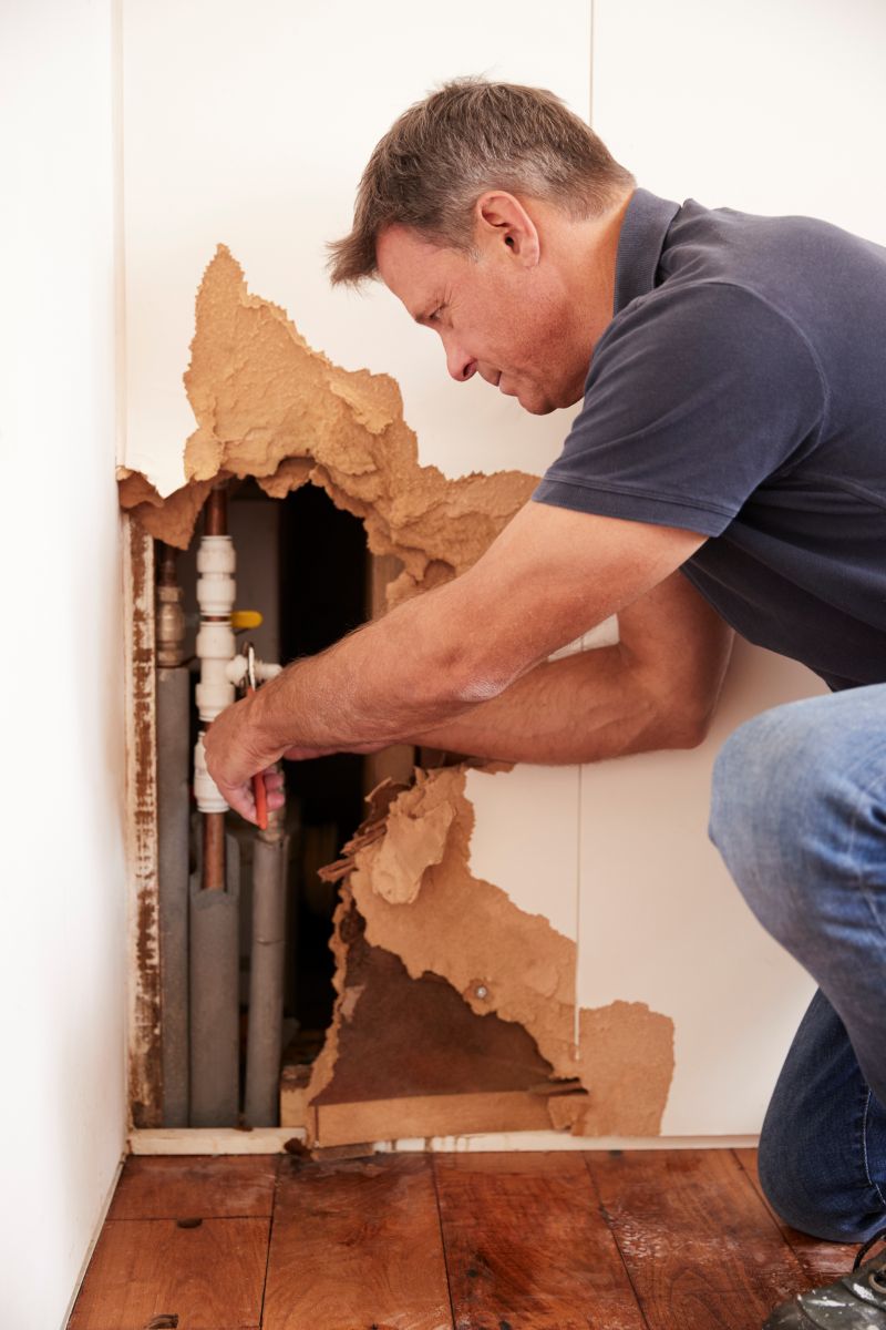 man repairing burst water pipe
