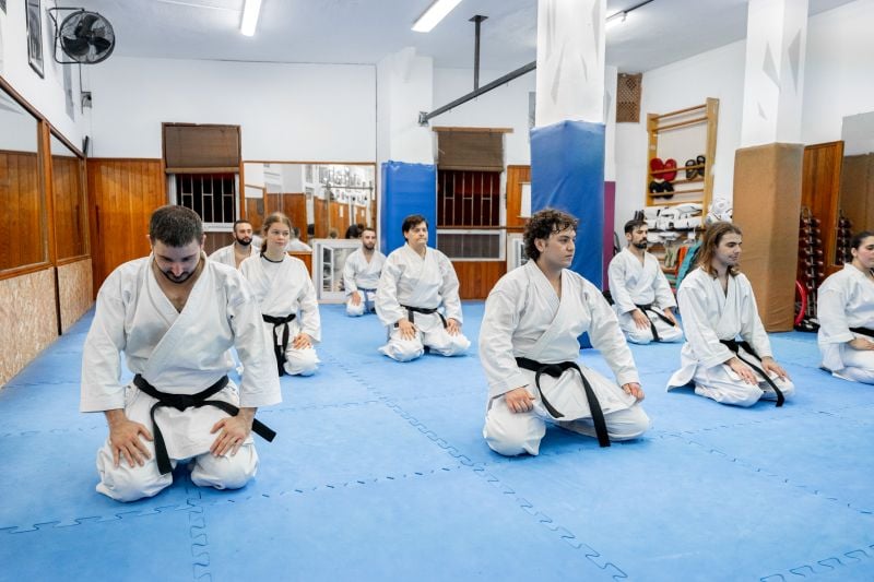 karate students kneeling on tatami in dojo