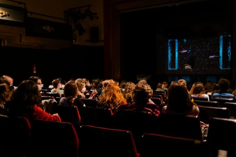 people with a mask watching a show in a theater